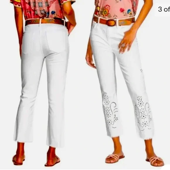 Johnny Was Pashmina White Eyelet Crop Baby Boot High Rise Hippie Jeans Sz 26 - Picture 11 of 11